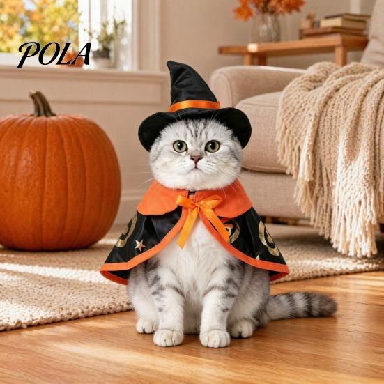 1 Set Pet Halloween Costume, Cat Wizard Hat And Cape, Cute Pumpkin Print Pet Apparel for Small Dogs Cats Festive Party Wear