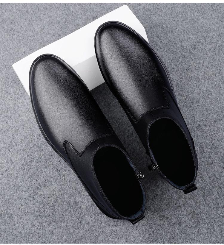 Cross-border Men's High-Top Leather Boots, Autumn/Winter, Slip-on Cowhide with Side Zipper, Large Size, Plus Velvet Warm Cotton.