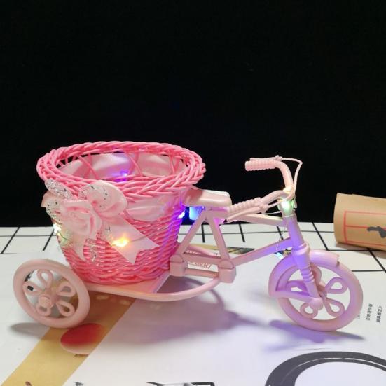 Rattan Trolley Flower Basket Decorative Tricycle with Colorful Flowers Woven Container Home Office Decor
