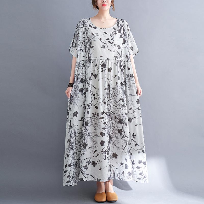 Summer Chubby MM Loose Slimming Printed Cotton Linen Short Sleeved Dress for Women