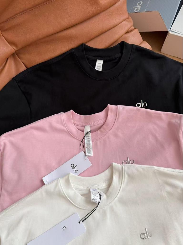 Aloyoga Damen Candy-Farbe Rundhals Locker Geschnitten Kurzarm T-Shirt