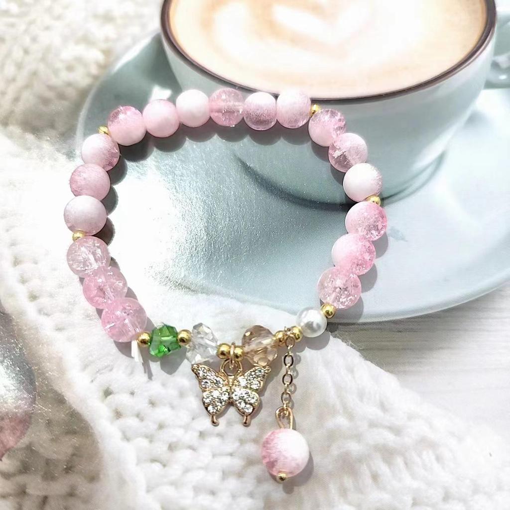 New Women's Mori Style Butterfly Glass Bracelet with Colorful Crackle Beads