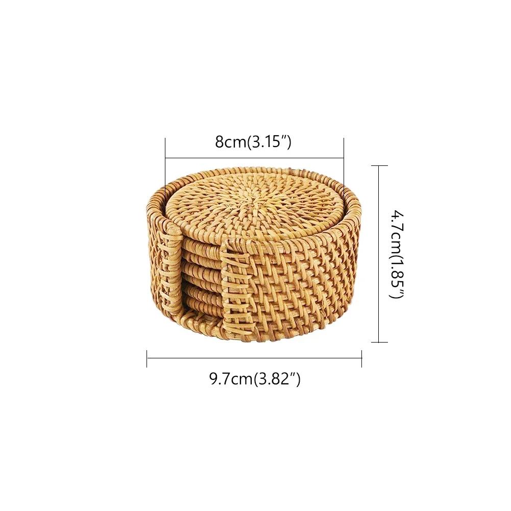 6 Stück Gewebte Rattan-Untersetzer-Set Mit Halter Tischmatte Platzdeckchen Kaffee Tee Tasse Untersetzer Topf Schüssel Matte Glasboden Küchenzubehör