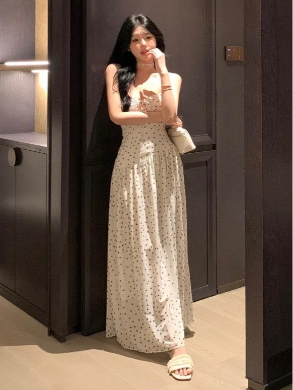 Women’s French White Polka Dot Strappy Dress - 2026 Summer/Spring Seaside Vacation Longwear
