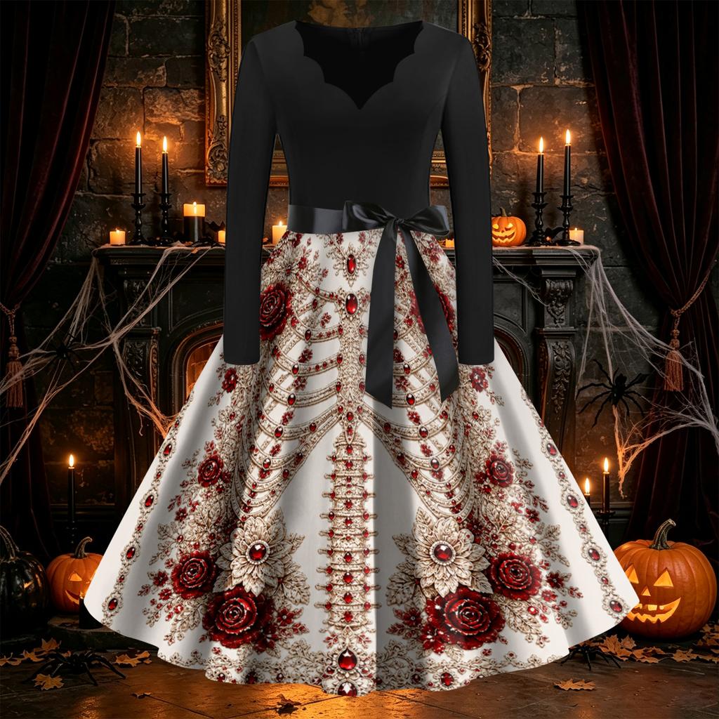 Women's Vintage Long Sleeve Halloween Print V-Neck Flared Dress for Party