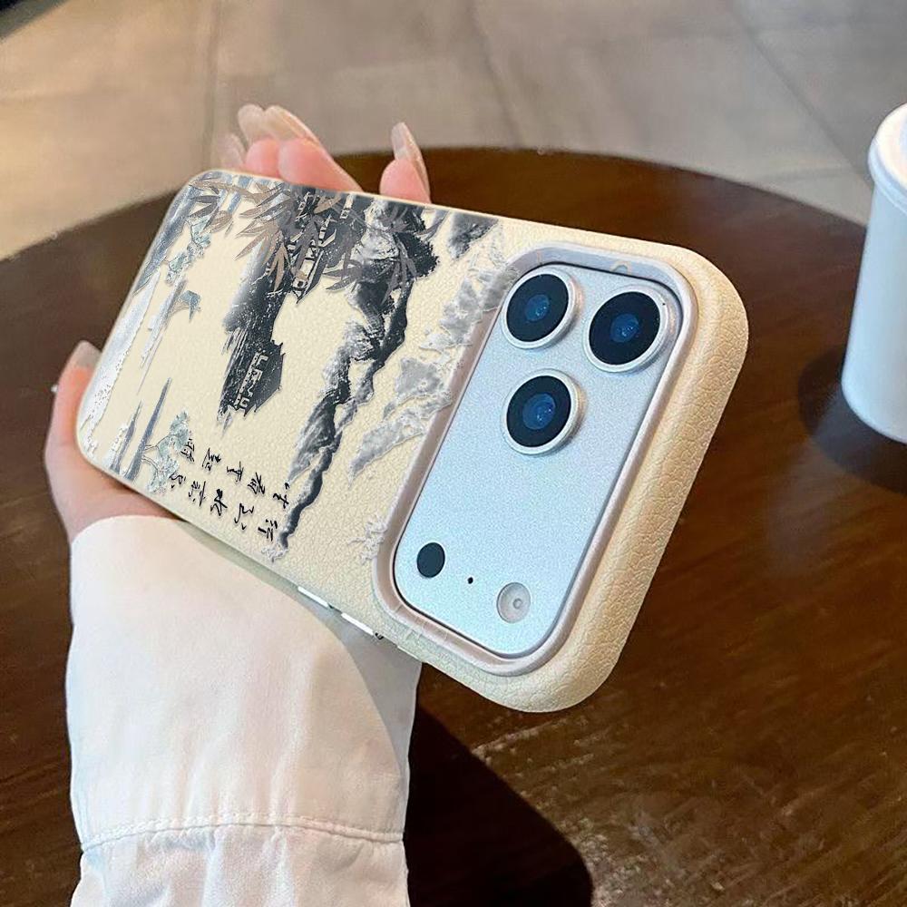 Chinese Style Poetry Pattern Phone Case For iPhone 17 16 15 14 13 12 11 Pro Max Plus 17 Air XS Max X XR Lychee Texture Cover