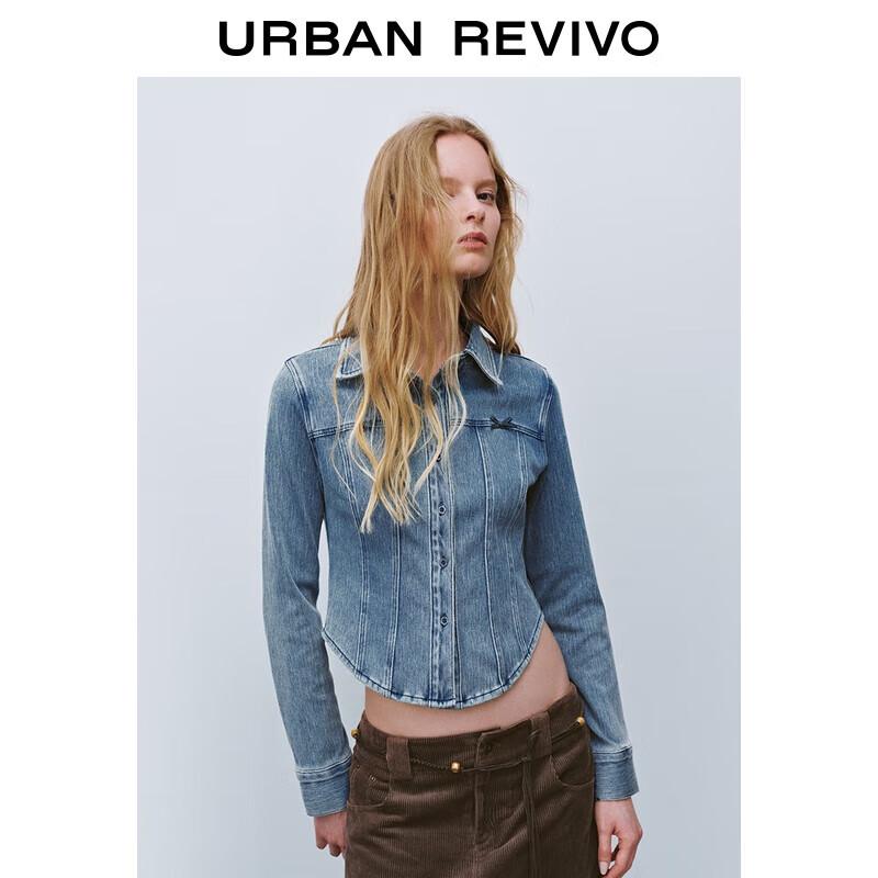 UR 2025 Fall Women s Retro Casual Bowknot Long-Sleeve Denim Shirt XS