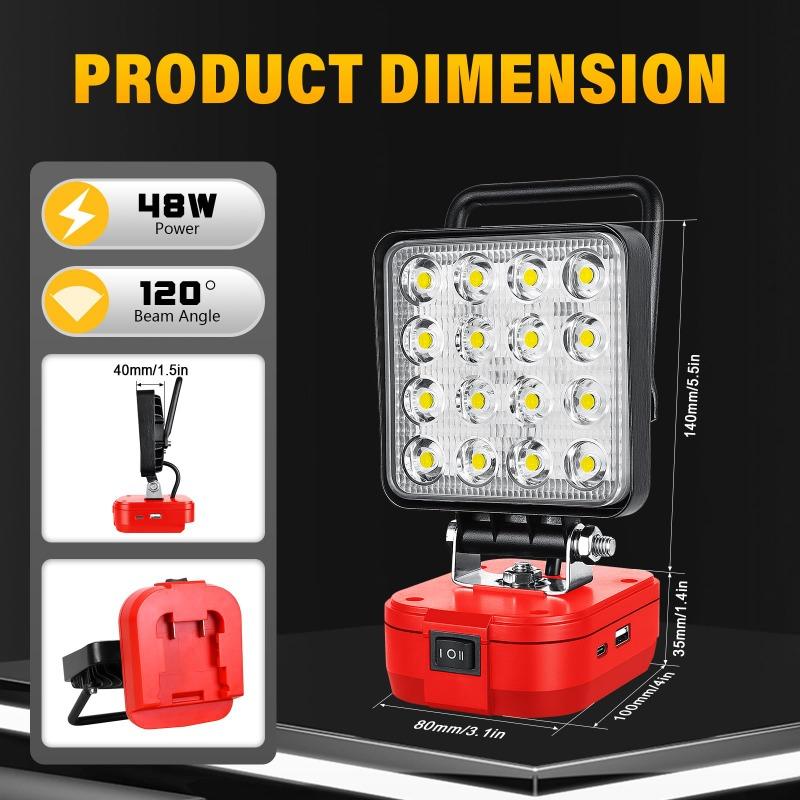 Portable LED Work Light Construction Site Floodlight for Makita/Milwaukee 18V Batteries with Dual USB Ports for Outdoor Camping