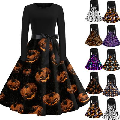 Women's Casual Vintage Halloween Print Dress Round Neck Long Sleeve Fit and Flare Retro Style Midi Dress with Waist Tie