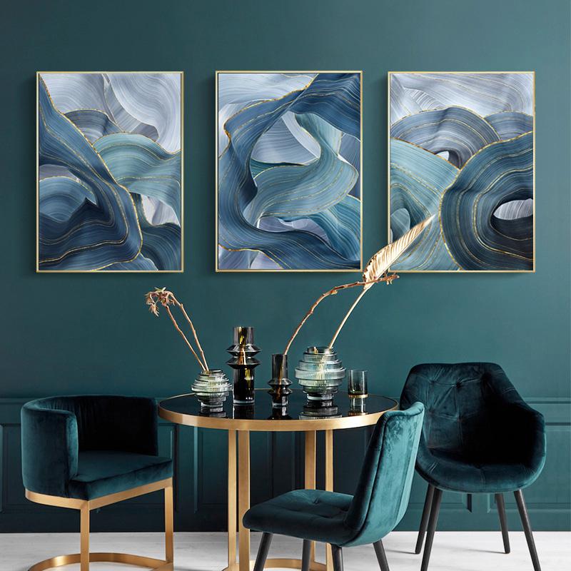 Abstract Blue Green Gold Lines Wavy Geometric Poster New Chinese Canvas Print Painting Modern Wall Art Home Decoration Picture