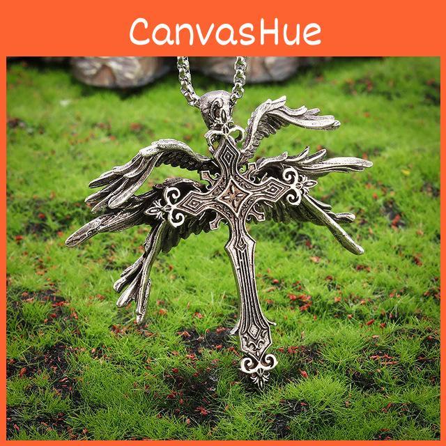 Fashionable Six Wing Angel Cross Necklace Eye-catching Design With Alloy And Pearl Chain