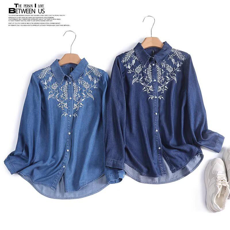 Womens Embroidered Collar Tencel Denim Shirt Loose Fit Long Sleeve Ethnic Chic Blouse