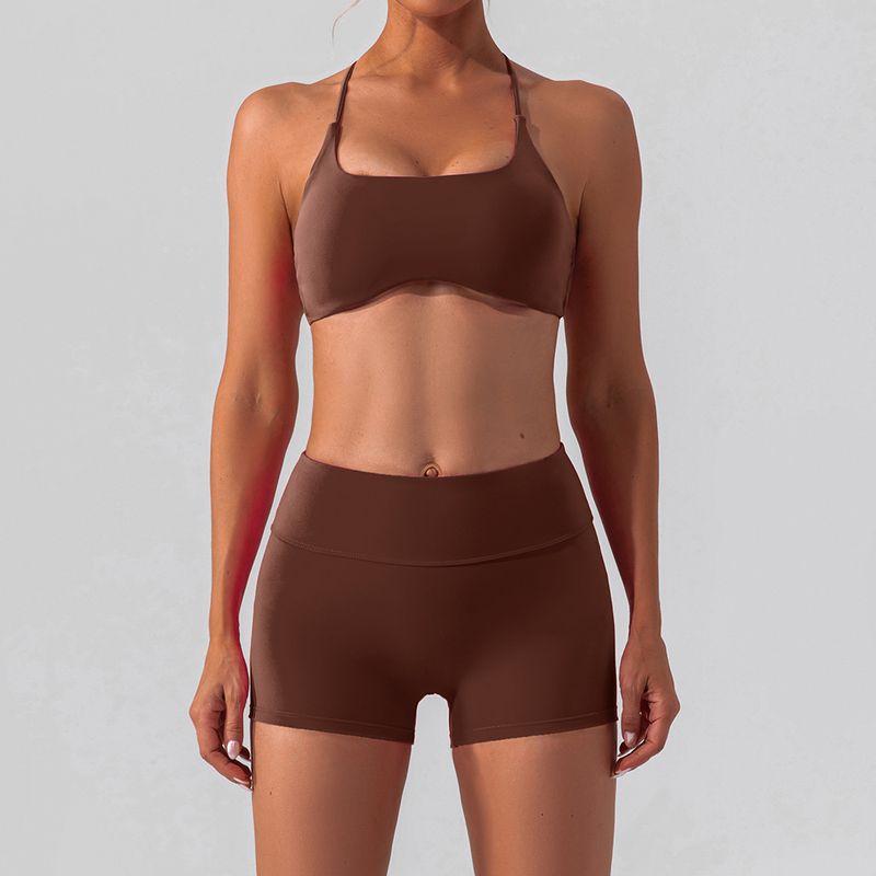 

Fashion New Nude Feel Brushed Yoga Clothes Gym Running Fashion Quick-Drying Sports Yoga Suit Women s Two-Piece Suit Bra + shorts/Brown S/4