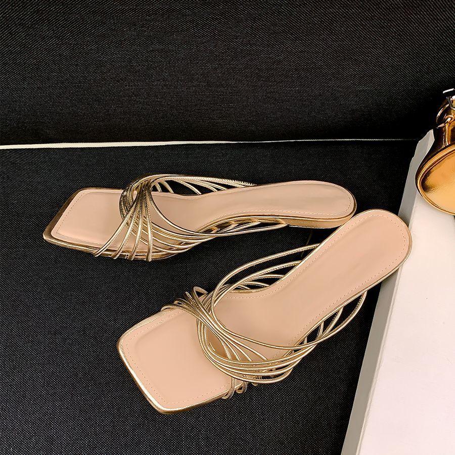 2025 new French square head cross-strap high-heeled cool slippers femininity thin-heeled open-toed Roman sandals outer wear