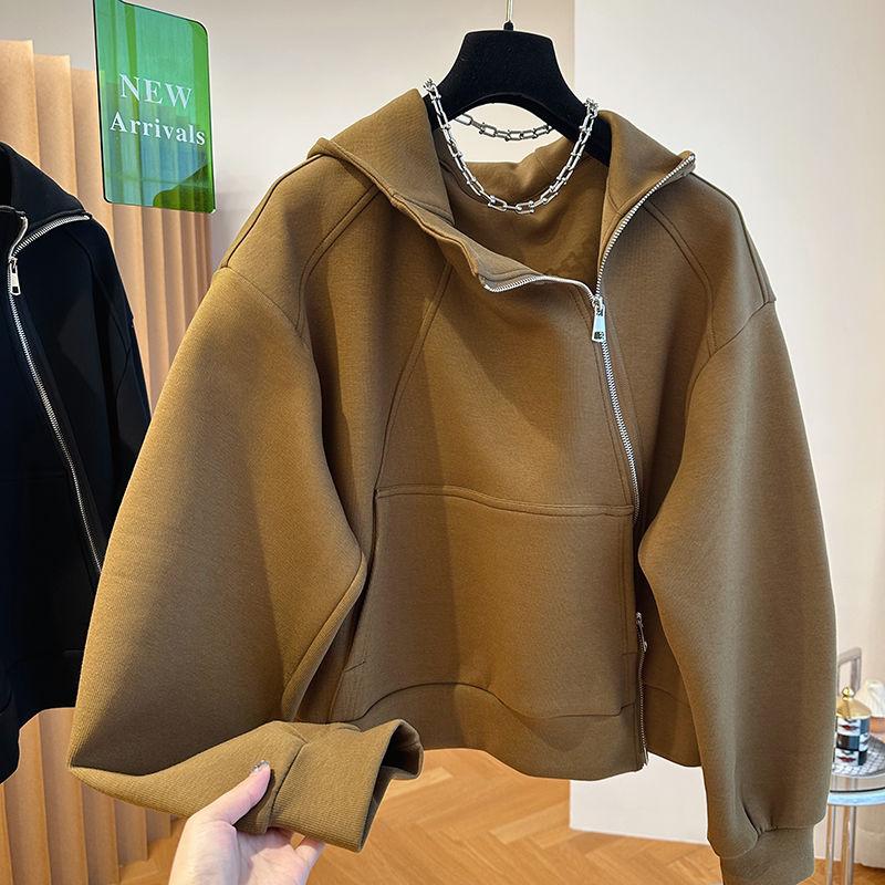 Diagonal Zipper Loose Hooded Cardigan Sweatshirt Jacket Women's Spring Autumn Silhouette A-line Top