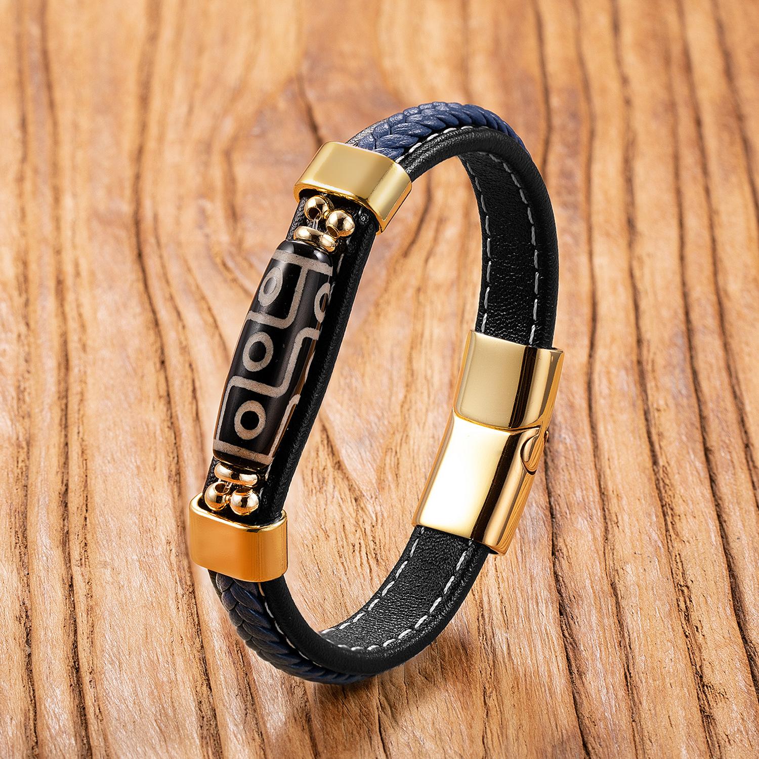 Тибетский Дзи с девятью глазами Браслет на кожаном шнурке Мужской и женский Ручная работа Ретро Этнический стиль Украшения 2026 19cm золотой