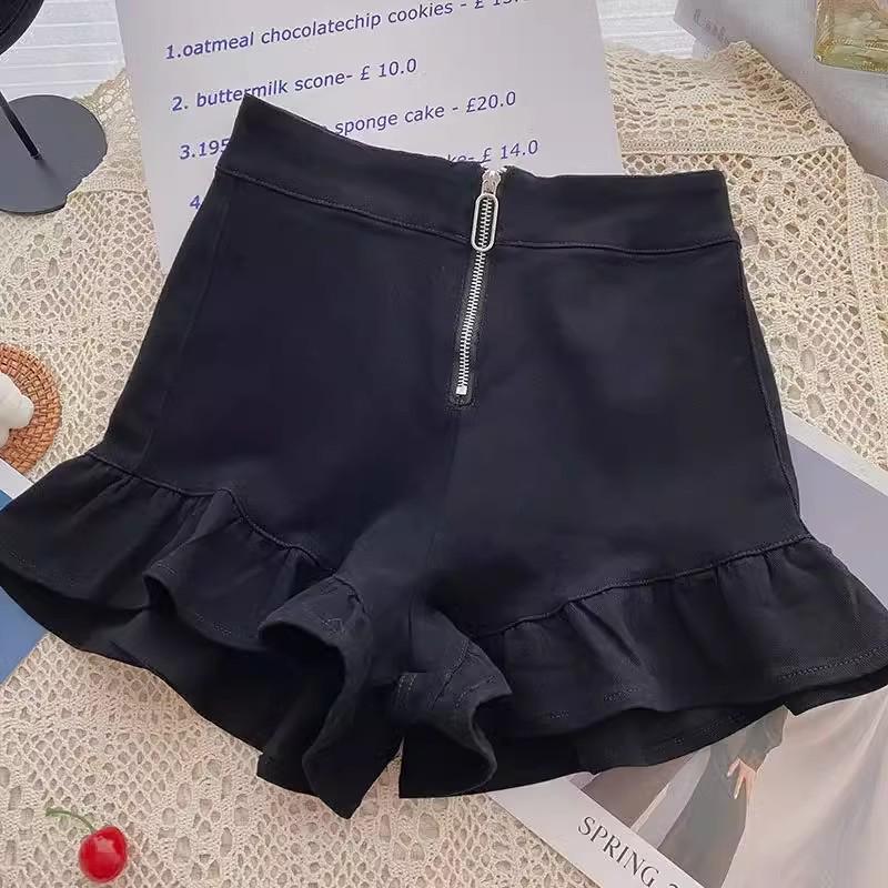 Women's 2024 Summer White Ruffled Wide-Leg High-Waist Zipper Design Casual Shorts