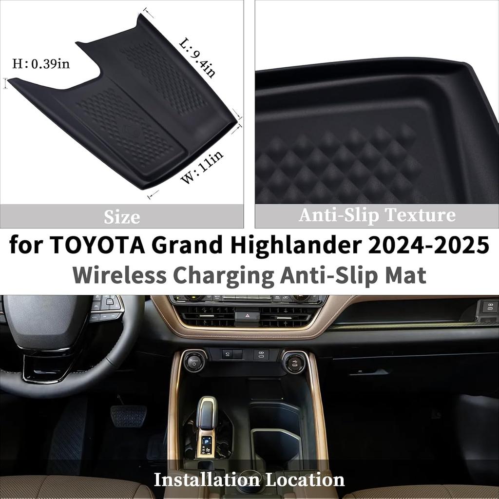Wireless Charging Anti-Slip Mat Fit For 2024 2025 2026 Toyota Grand Highlander, Silicone Waterproof & Stain-Resistant Car Center Console Phone