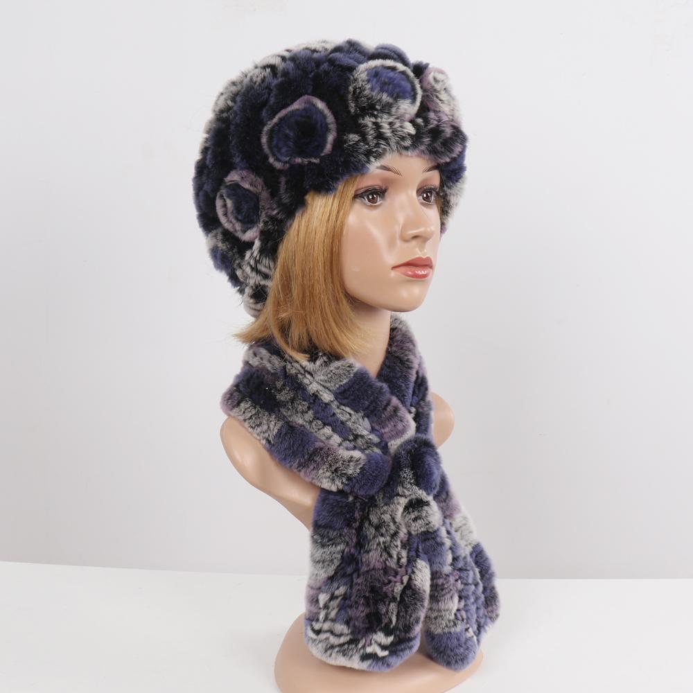Hot Sale Lady Natural Fur Hats Scarves Sets Women Winter Knit Real Rex Rabbit Fur Hats Muffle 2 Pieces Real Fur Hat Scarf