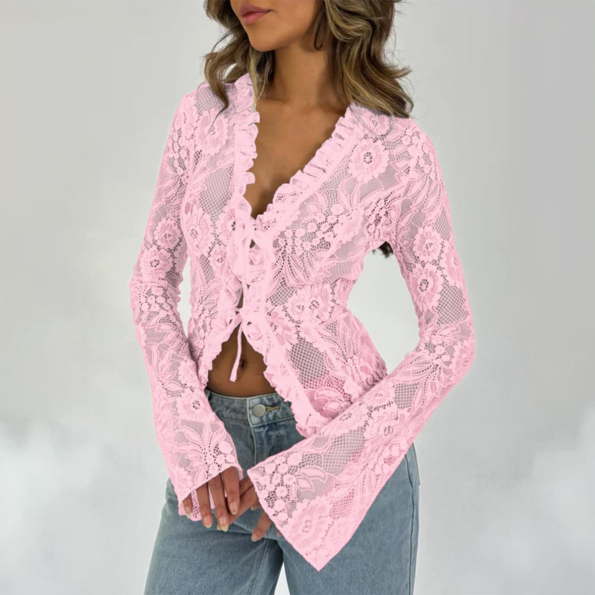 Spring Summer Sexy Slim Fit Long Sleeved Women Lace Top V-shaped Collar Flared Sleeves Long Sleeved Gauze  Mesh Girls Clothes XS розовый