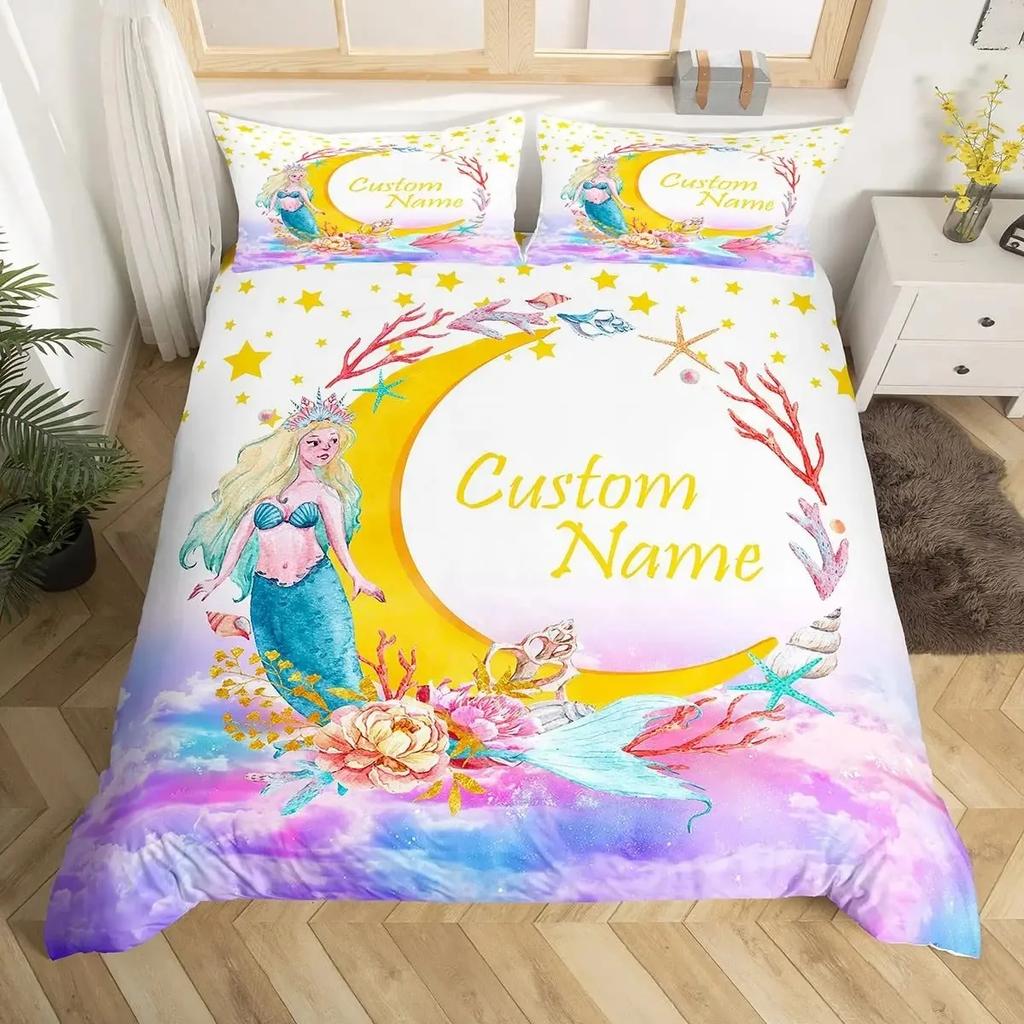 Custom Bedding Set Custom Name Mermaid Duvet Cover Set Personalized Girly Rainbow Gradient Mermaid Comforter Cover,girls Gifts