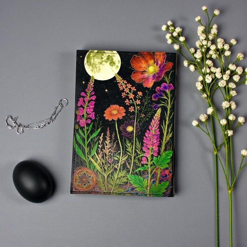 Moonlit Wildflower Leather Grimoire | Handmade Spell Book of Shadows, Vintage Deckle Paper Journal, Unique Wildflower Gift for Him and Her