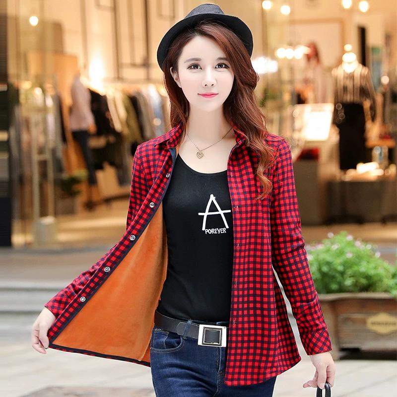 

Зимняя одежда Корейская версия Цельная бархатная рубашка Женская рубашка с длинным рукавом в клетку Женская плюс бархатная толстая теплая подкладка XS