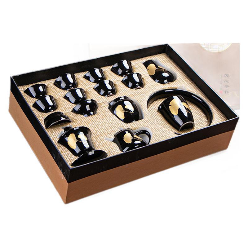 New Wood Leaf Cup Black Pottery Tea Set Bodhi Leaf Kung Fu Tea Set Teapot Tea Cup Set Gift Box