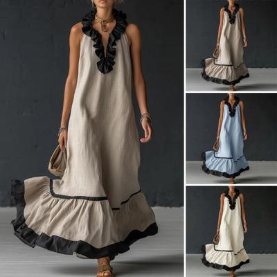 Women's Summer Halter Maxi Dress Ruffle Trim Sleeveless Flowy Long Dress Casual Beach Vacation Sundress