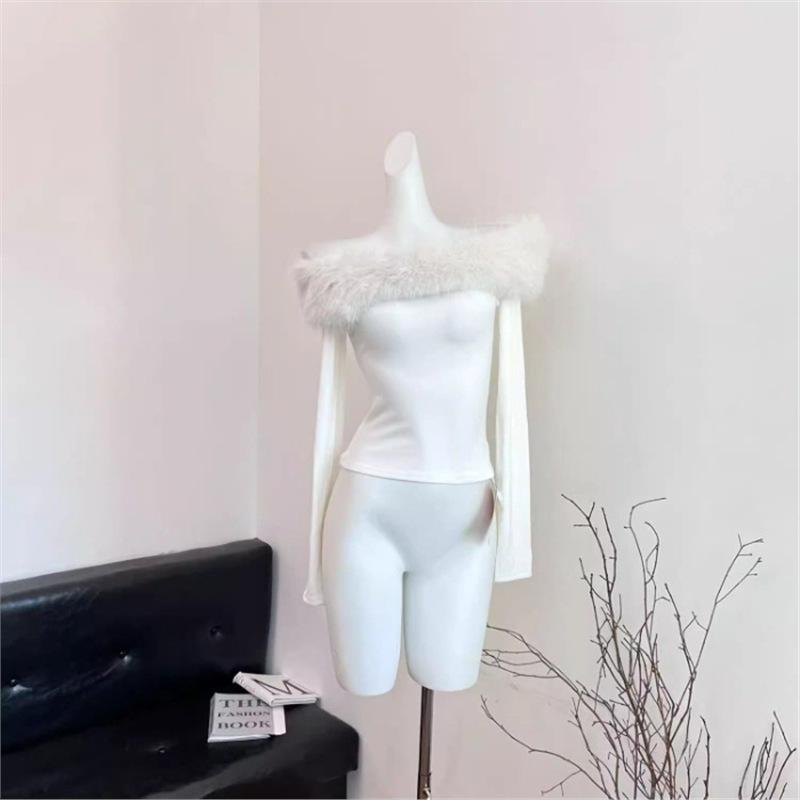 

Women s Off-Shoulder Fuzzy Patchwork Slim-Fit Long-Sleeve T-Shirt, Winter Waist-Cinching Hot Girl Style, Short Base Layer Top Extra Large білий