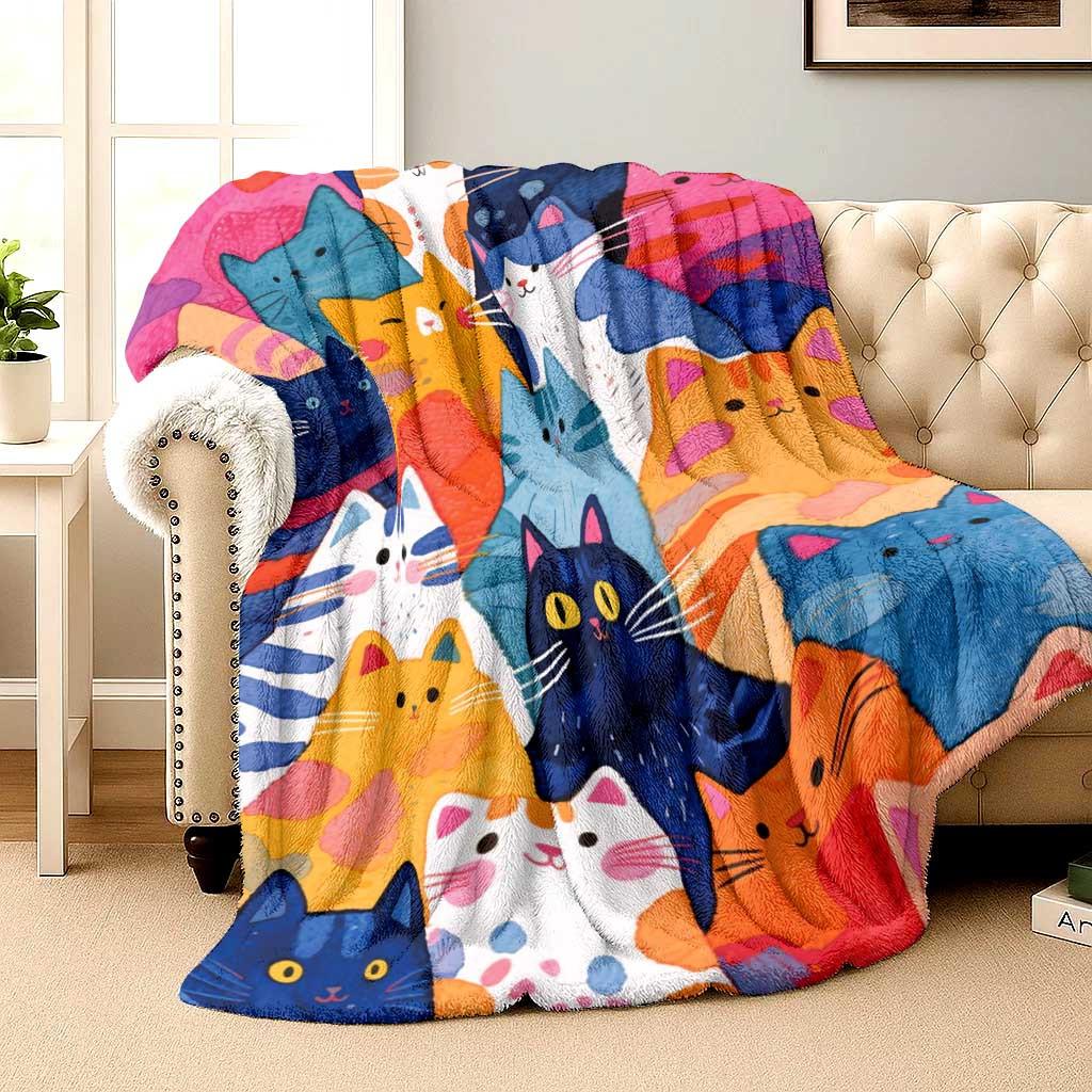 Cat animal art with colorful patterns Flannel printed blanket suitable for all seasons for living room office sofa and travel
