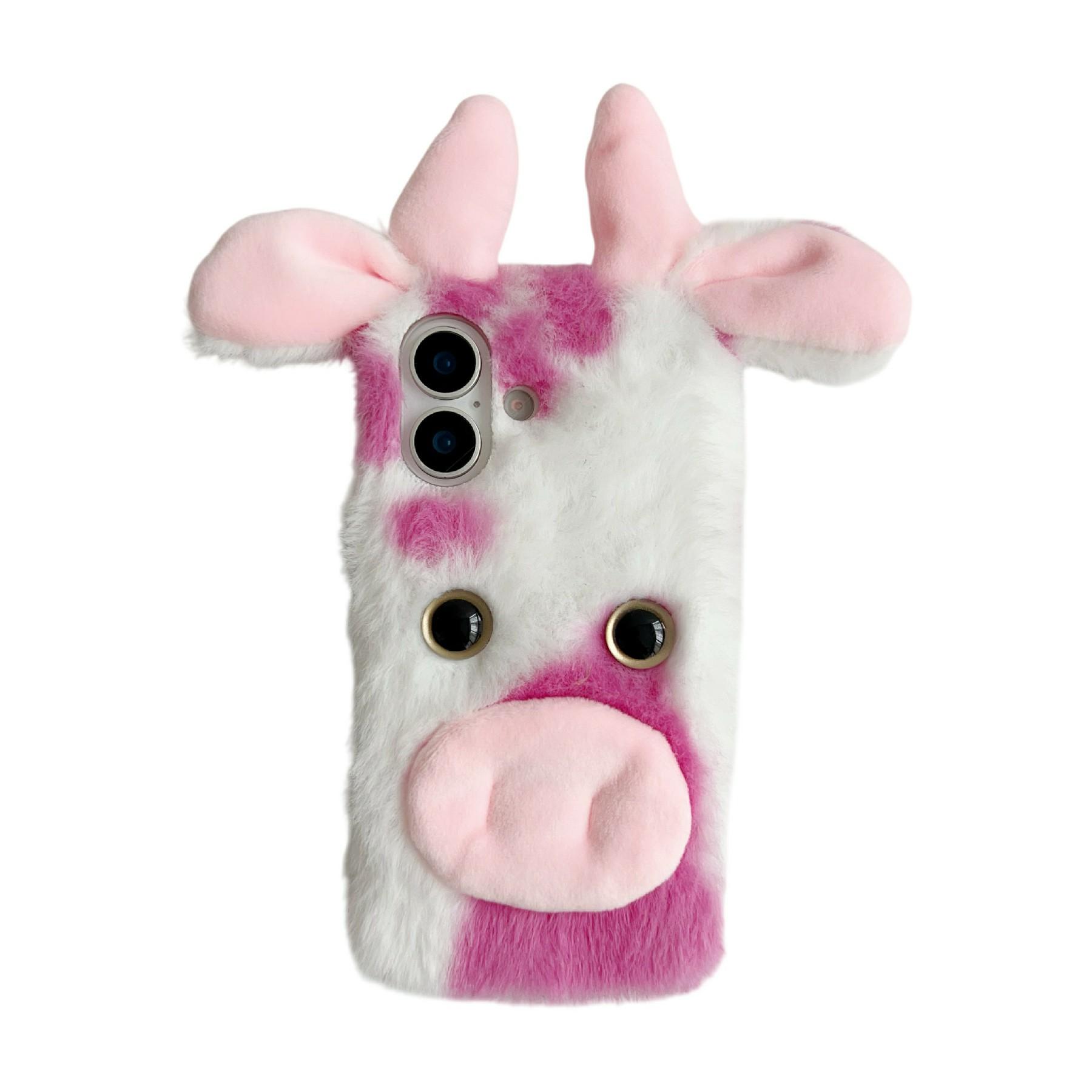 

For iPhone 17 Case Fluffy Cute Cow Winter Plush Inner TPU Phone Cover Pink