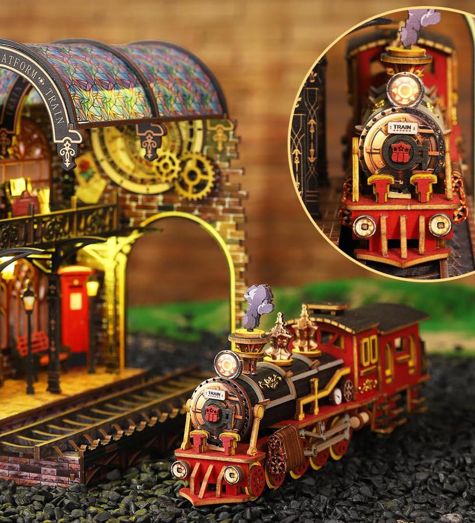 Moin moin Puppenhaus Miniatur DIY-Bausatz Einfache Magische Bahnhof und Dampf Märchen Fantasy Entspannend 3D Holz Erwachsenen Zubehör LED-Licht 2601dh481
