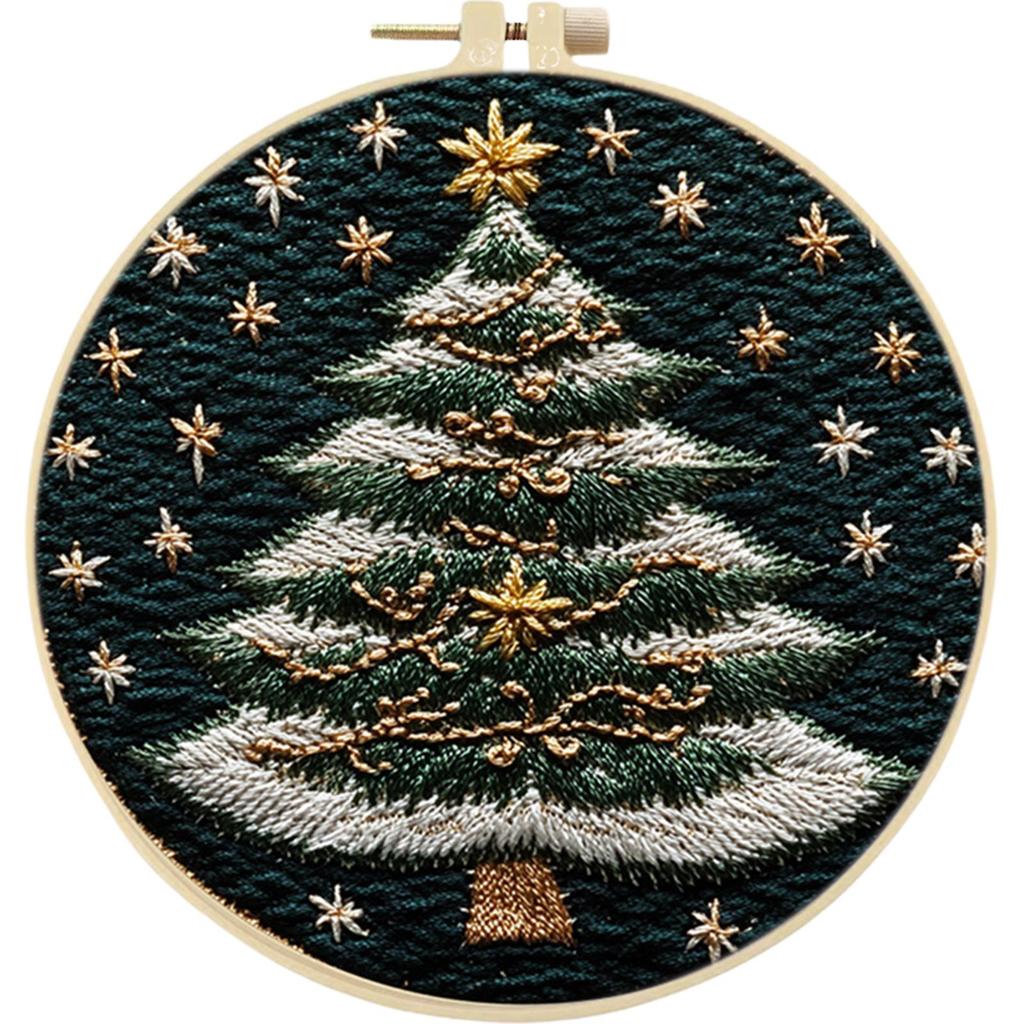 Christmas Tree Stamped Cross Stitch Embroidery Kits with Hoop Cloth Color Thread