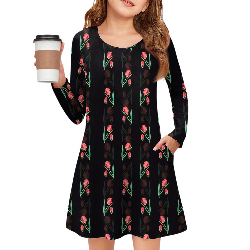 Girls' Long Sleeve Dress - Color Pocket Dress