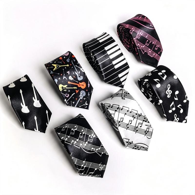Classic Musical Notes Printed Tie Silky Narrow Neckties Slim Smooth Piano Guitar Necktie Simple Elegant Trendy Unisex Ties Gift