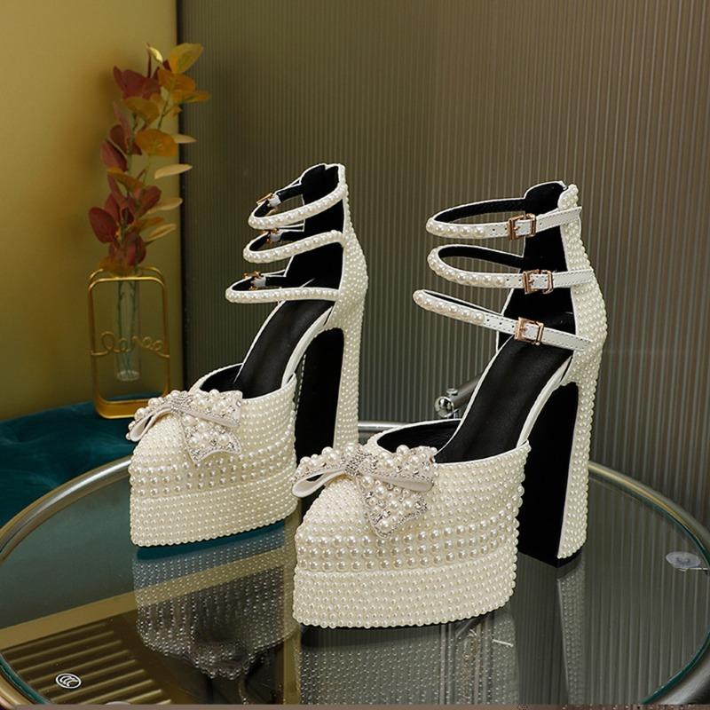 Fashion Pearl Platform Sandals Women Open Toe Ankle Strap Butterfly-knot Lolita Block High Heels Sandals Lady Wedding Party Classy Shoes