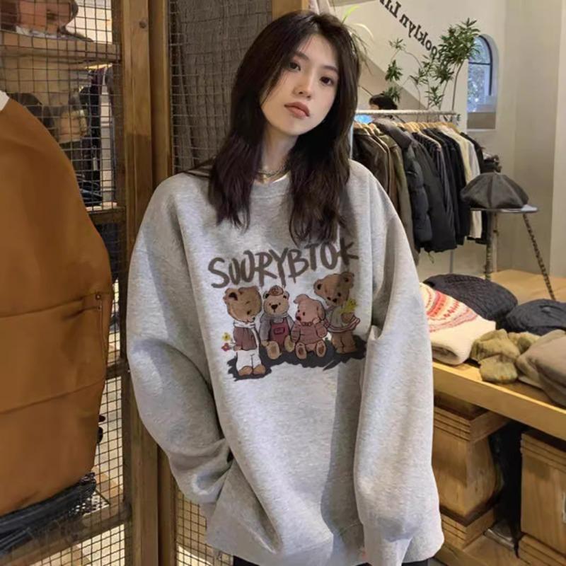 Autumn Winter O Neck Loose Casual Cartoon Printing Sweatshirt Women Long Sleeve Simple All-match Pullover Top