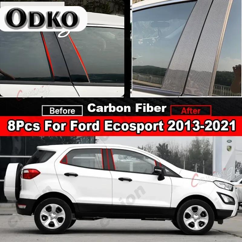 For Ford Ecosport 2013- Mirror Effect Door Window Column B C Pillars Post Cover Trim Black Carbon Fiber PC Material Sticker