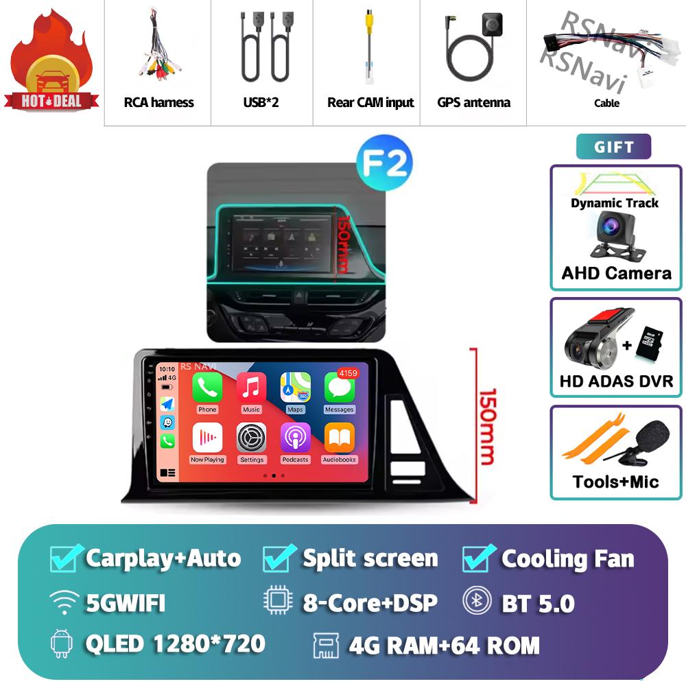 Android 14 Carplay Auto For Toyota C-HR 2016 - 2020 Car Radio Player Multimedia DVD stereo 360 Camera Navigation Video AI Voice