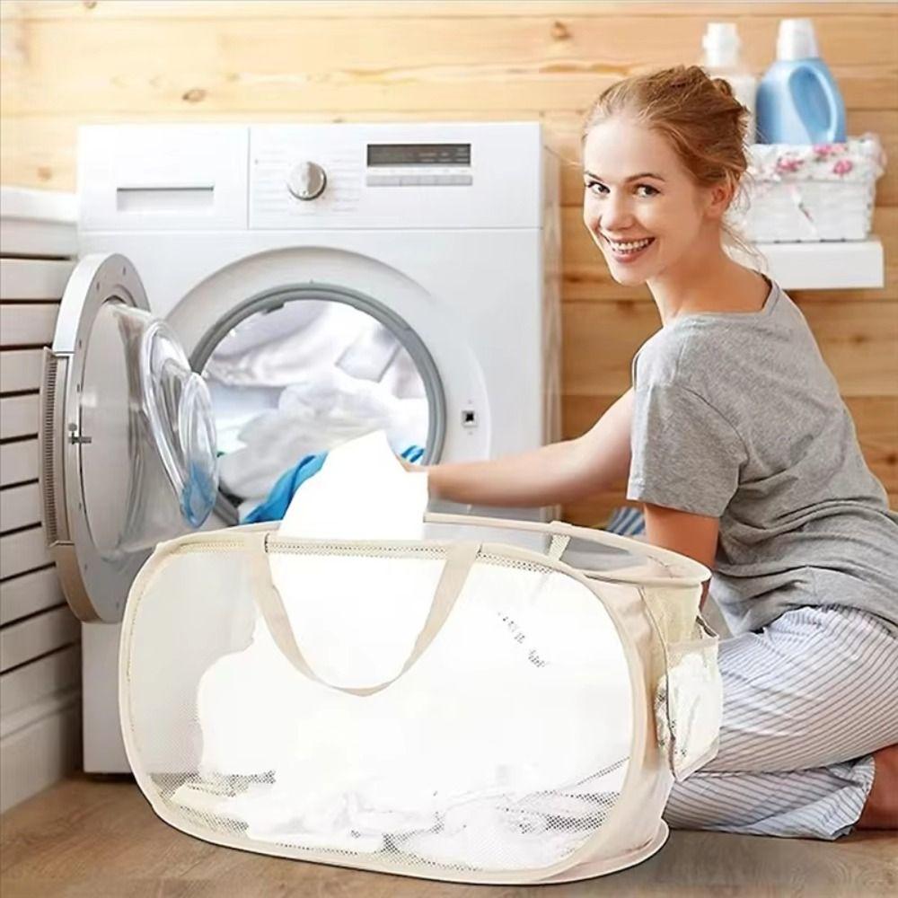 Portable Folding Laundry Basket Mesh Household Storage Bag Practical Dirty Clothes Bag Living Room