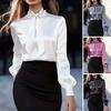 Women Shirt Stand Collar Lace Up Long Sleeve Satin Texture Shirt Solid Color Regular Fit