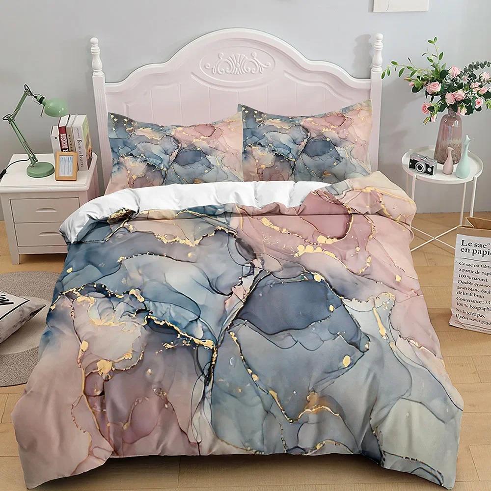 Marble Bedding Set King_Queen Size,Grey Gold Marble Duvet Cover Men Adults Modern Abstract Art Tie Dye Gothic Soft Quilt Cover