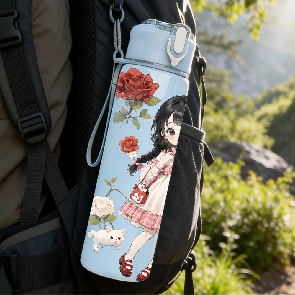 1PC White Dress Girl Red Flower Pattern 750ml Color Plastic Sports Water Bottle Leakproof Flip Straw Lid Suitable for Sports Office Home Use