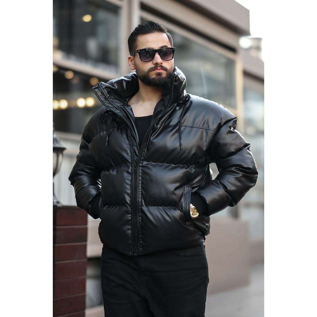 Concealable Hooded Men's Puffer Nubuck Leather Coat