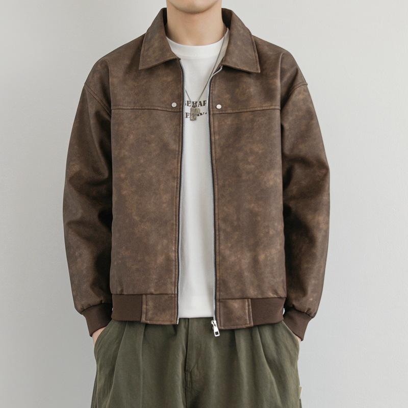 Autumn Men's New Fashionable Casual Leather Jacket Hong Kong Style Lapel Loose PU Leather Jacket