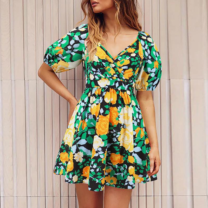 Women Summer Floral Printed V-Neck  Puff Sleeves Cut Out Casual Short Swing Dresses