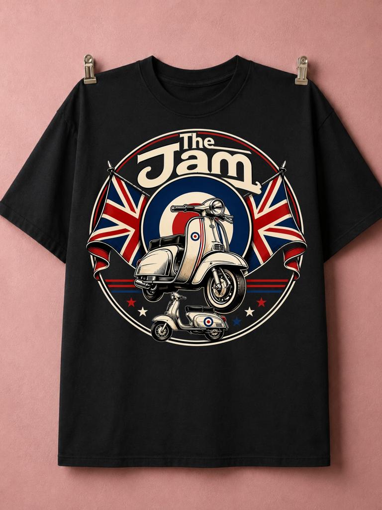 Unisexs Tshirt The Jam Mod Scooter Tshirt Union Jack Roundel And Vintage Vespa Style British Rock Music Retro Badge Graphic