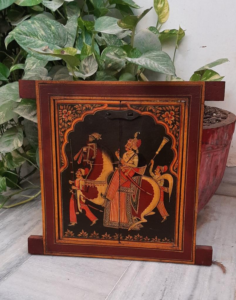 Hand Painted Indian King Jharokha: Vintage Wooden Wall Hanging