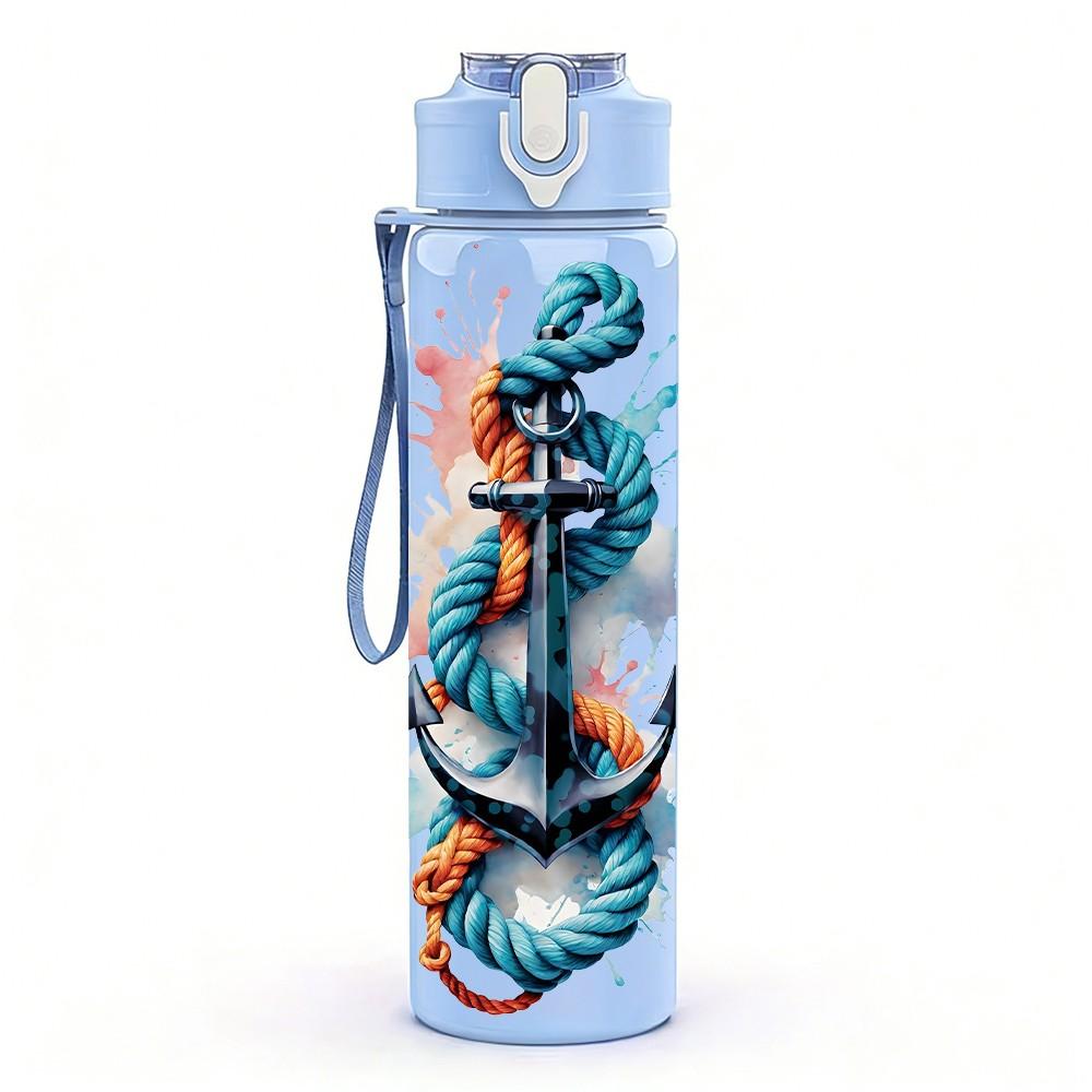 1PC Anchor Watercolor Splash Print 750ml Color Plastic Sports Water Bottle Leakproof Flip Straw Lid Suitable for Sports Office Home Use